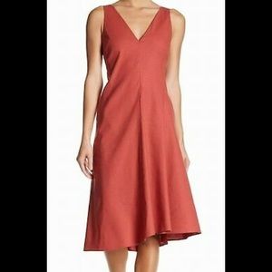 Theory Red V Neck Linen Midi Dress